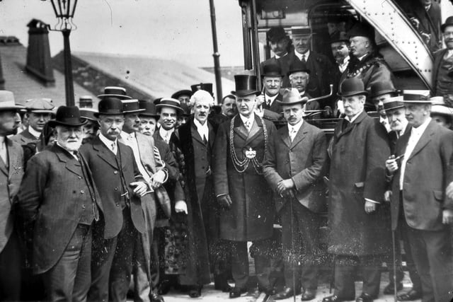 Local dignitaries assembled for the opening of the Leeds-Morley Tramline which took place on July 5, 1911. This was a great occasion attended by thousands of people along the route. The very first section of the route was from the bottom of Churwell Hill to the Fountain Inn.