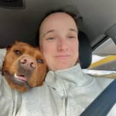 Jess Holroyd with trainee support dog Rowlings, who is currently being looked after by Jess' in-laws, Jean and John Holroyd