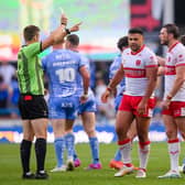 Hull KR's Rhyse Martin is yellow carded by referee Chris Kendall. He wasn't charged by the match review panel, but lots of other players were from Betfred Super League round 16.