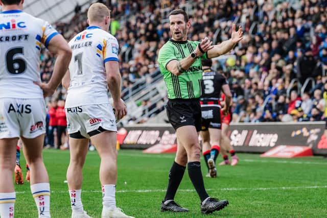 Referee Jack Smith pictured during Leeds Rhinos' win against Warrington Wolves two weeks ago. Picture by Alex Whitehead/SWpix.com.