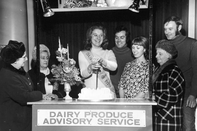 The Women's Circle meeting at the Metropole in December 1970. Pictured, from left, are Gertrude Hart, Alice Atkin, Julie Greenleaf, the National Dairy Queen, 1970, cutting the Women's Circle Christmas cake; Edward Elfes, Rosemary Sloan, dairy produce adviser for the Milk Marketing Board, Laura Crowther and Eric Nunns.