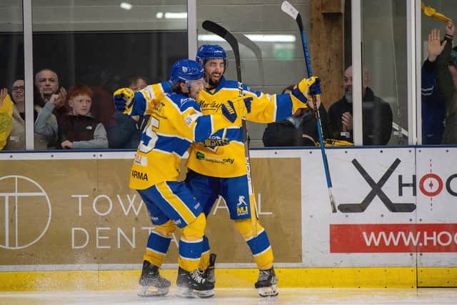 MEMORABLE: Jake Witkowski celebrates scoring Leeds Knights' second goal against Peterborough Phantoms in the second leg of the National Cup Final last season. Picture: Bruce Rollinson.