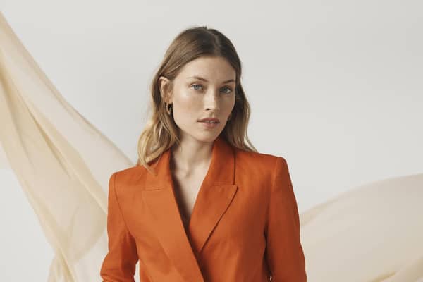 John Lewis brand orange linen blazer, £69, and trousers, £45. At John Lewis.