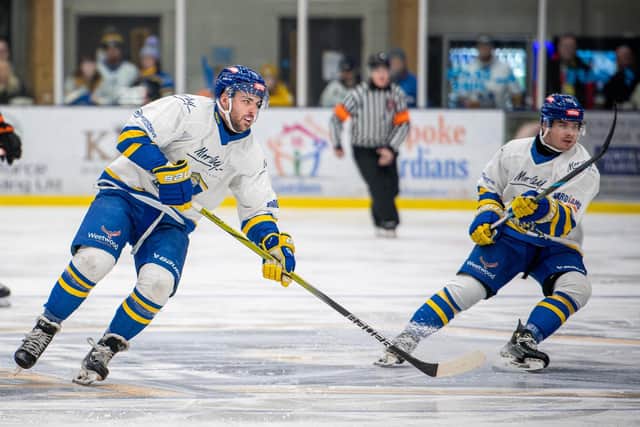 ON TARGET: Jordan Buesa (left) and Noah McMullin both scored in Leeds Knights' 3-2 overtime over Swindon Wildcats at The Castle on Sunday. Picture: Ben Gordon/Knights Media.