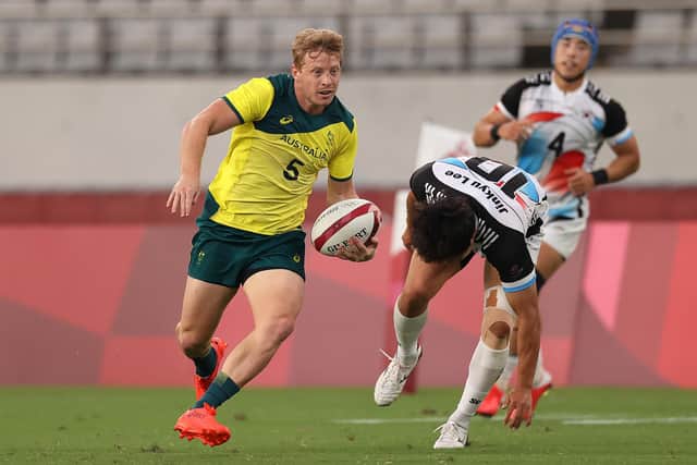 Lachie Miller on the attack for Australia against South Korea in the pool stage of the Tokyo Olympics rugby sevens competition two years ago. Picture by Dan Mullan/Getty Images.