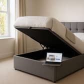 ComfoRest’s revamped website, seen on the laptop, lets shoppers customise UK-made ottoman beds with lift-up storage like the model pictured.