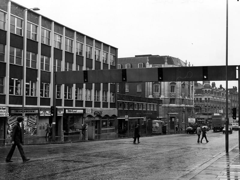 The bus station was at next door to the Hellenic coffee lounge and  by the junction with Lady Lane with  Leeds & Holbeck Building Society on the other side. Pictured in October 1980.
