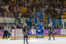 SEE YOU SOON: Leeds Knights celebrate in front of their fans at Coventry's Skydome Arena on their way to beating Hull Seahawks in last season's NIHL National play-off final. Picture: Miles Tidman/Knights Media.