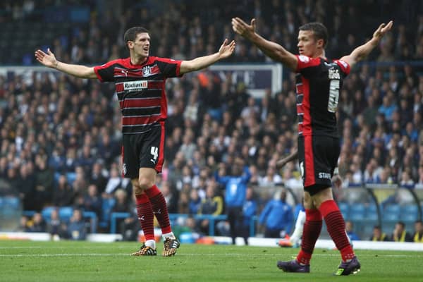 PREVIOUS: Mark Hudson, left, now Cardiff City boss, in action for Huddersfield Town alongside Jonathan Hogg, right, against Leeds United in the Championship clash at Elland Road of September 2014. Photo by Ryan Browne/Getty Images.
