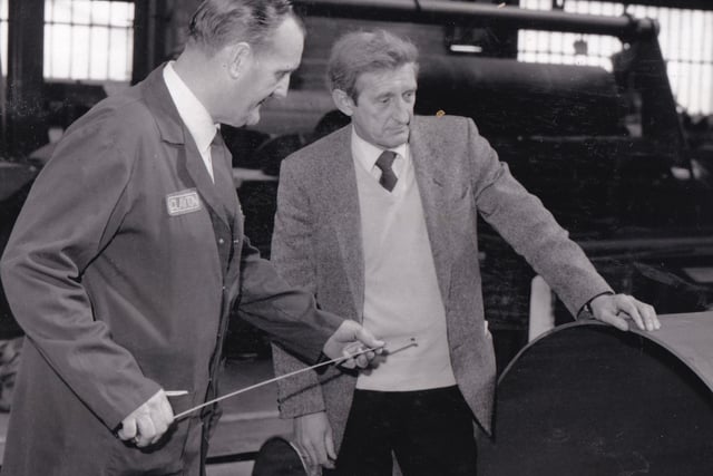 Works superintendent Eric Orange and quality assurance manager Terry Walker at Clayton Son and Co. Pictured in May 1989.