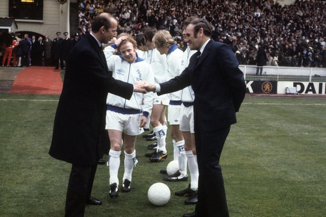 Leeds United manager Don Revie shakes hands with the royal guest of hoour ahead of the FA Cup final in May 1973.