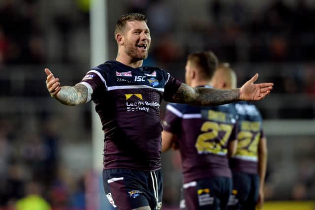 Brett Delaney celebrates Rhinos' win at St Helens in 2018. Picture by Bruce Rollinson.