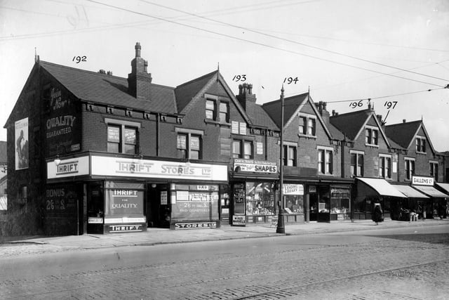 York Road in September 1935. On the left is Glenthorpe Cresent, the thrift stores with blinds down. Next no.203 Charles A. Travis, seedsman also selling small animals, fish and pet food. No.205, George E.Foad has a radio shop which is also a subscription lending library. Then no.207 Joseph Jowitt, dairyman. No.209, with blind down Mark Kirby, fishmonger, no.211 also with blind down Joseph Dean, greengrocer. Gallons Ltd, branch of grocers dealing in dairy foods, tea, coffee and bacon as specialities. Numbers on photographs are not numbers of property.