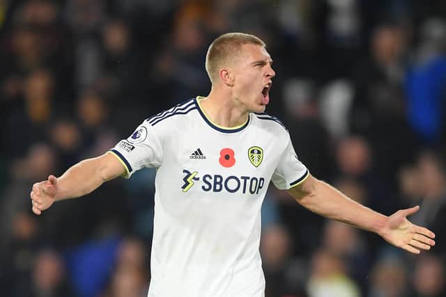 LEEDS, ENGLAND - NOVEMBER 05: Rasmus Kristensen of Leeds United celebrates after their sides victory during the Premier League match between Leeds United and AFC Bournemouth at Elland Road on November 05, 2022 in Leeds, England. (Photo by Harriet Lander/Getty Images)
