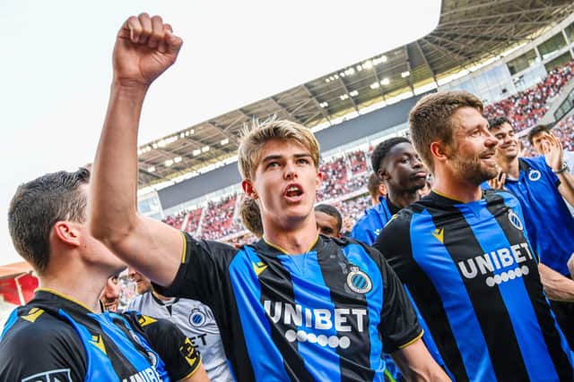 Club's Charles De Ketelaere celebrates after winning a soccer match between Royal Antwerp FC and Club Brugge KV, Sunday 15 May 2022 in Antwerp, on day 5 of the Champions' play-offs of the 2021-2022 'Jupiler Pro League' first division of the Belgian championship. Club Brugge defeats Antwerp 1-3 and wins the 2021-2022 Belgian soccer championship.
BELGA PHOTO TOM GOYVAERTS (Photo by TOM GOYVAERTS / BELGA MAG / Belga via AFP) (Photo by TOM GOYVAERTS/BELGA MAG/AFP via Getty Images)