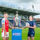 Hull KR's Shaun Kenny-Dowall, left, with Wigan's Jai Field at Headingley ahead of Sunday's Betfred Challenge Cup semi-final. Picture by Allan McKenzie/SWpix.com.