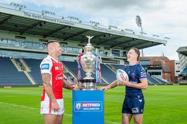 Hull KR's Shaun Kenny-Dowall, left, with Wigan's Jai Field at Headingley ahead of Sunday's Betfred Challenge Cup semi-final. Picture by Allan McKenzie/SWpix.com.