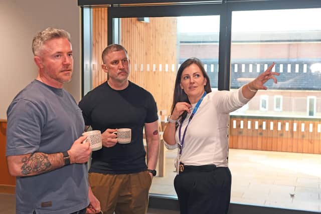 Crewmembers Mike Bates and Gareth Timmins given a tour of the Rob Burrow Centre for Motor Neurone Disease by Sarah Griffin, Director of Engagement at Leeds Hospitals Charity. Picture: Gerard Binks.