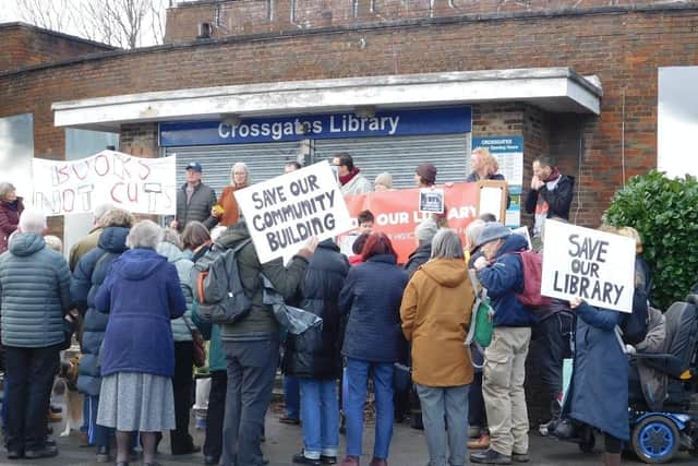Around 70 protesters rallied outside the old Cross Gates library building, located in Farm Road, on Saturday.