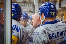 NEW START: Leeds Knights' coach Ryan Aldridge instructs his players during a pre-season game against NIHL National rivals Hull Seahawks. Picture: Jacob Lowe/Leeds Knights.