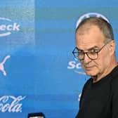 Argentine Marcelo Bielsa arrives for his presentation as coach of the Uruguayan national football team, at the Centenario Stadium in Montevideo, on May 17, 2023. Marcelo Bielsa was named coach of Uruguay on May 15, with the task of taking them to the 2026 World Cup. (Photo by Pablo PORCIUNCULA / AFP) (Photo by PABLO PORCIUNCULA/AFP via Getty Images)