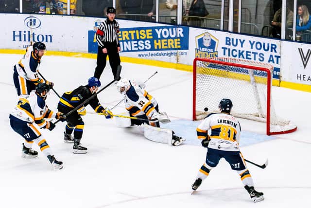GAME ON: Owen Sobchak scores for Leeds Knights against Romford Raiders on Saturday. Picture: Kev Bland/Knights Media.