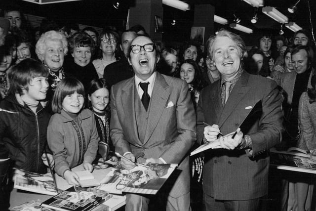 Eric Morecambe and Ernie Wise at the Bond Street precinct in Leeds city centre in October 1974 after they had appeared at Wakefield Theatre Club.