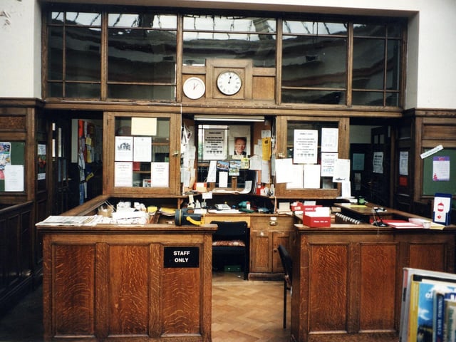 Bramley Branch Library on Hough Lane in 1998. It opened on July 7, 1927. This view shows the counter area which has doors for in and out at either side. The library has since been completely refurbished.