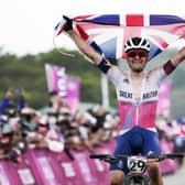 SAM AGAIN PLEASE: Tom Pidcock celebrates after winning the gold medal in the men's cross country mountain biking at the Tokyo 2020 Olympics - he will be aiming to repeat that feat in Paris on Monday Picture: PA