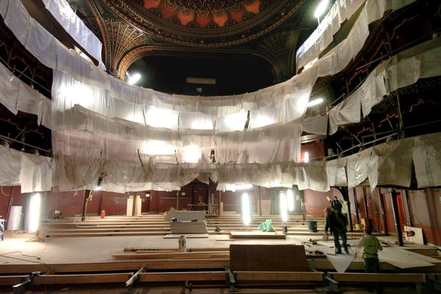A view from the  stage of the Leeds Grand Theatre into the auditorium  as workmen continue the refurbishment in January 2006.