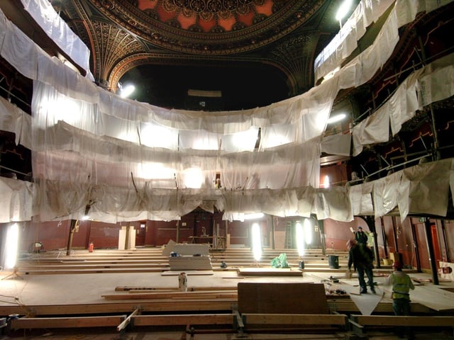 A view from the stage of the Leeds Grand Theatre into the auditorium as workmen continue the refurbishment in January 2006.