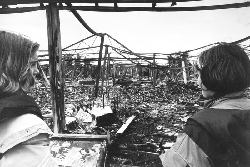 The charred remains of Milefield Middle School in June 1990.