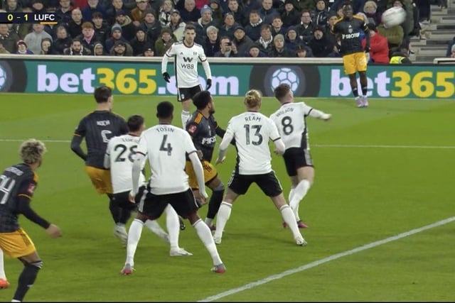 Weston McKennie is penalised for what Chris Kavanagh perceived to be a push in the back on Fulham's Harry Wilson, before Georginio Rutter slots in the rebound (Pic: LUTV)