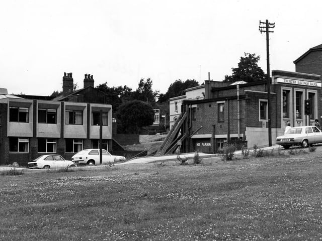 Burley Liberal Club and car park pictured in July 1979. On the right is the Trustee Savings Bank, located at the junction of Willow Road and Burley Road.
