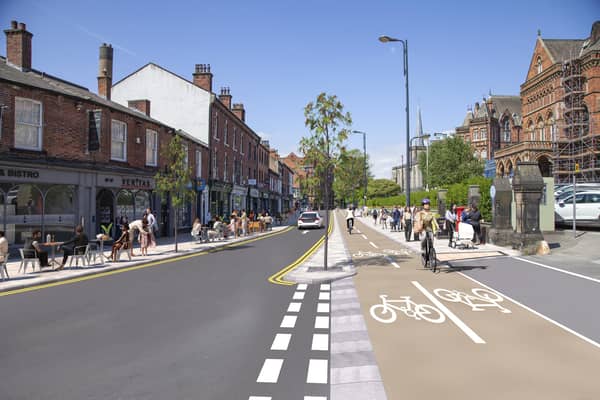 An artist's impression of how Great George Street, in Leeds, could look under plans to improve the design of city centre routes as part of an initiative to reduce car numbers. Photo: Leeds City Council.