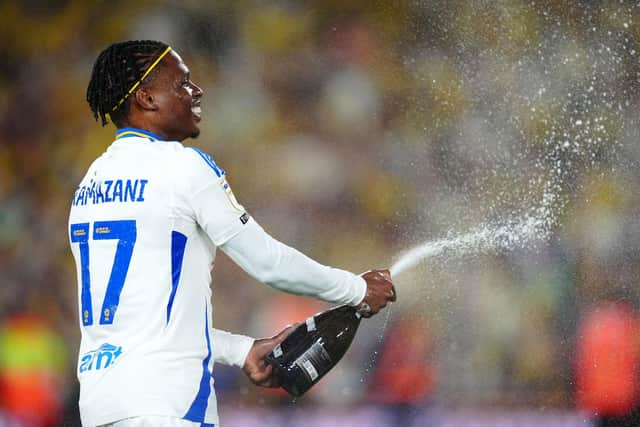 Leeds United's Largie Ramazani celebrates promotion to the Premier League following victory over Bristol City in which he scored twice (Picture: Mike Egerton/PA Wire)