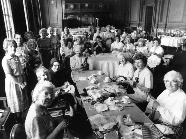 Women's Circle members and friends set those needles clicking for charity when they joined former Lady Mayoress of Leeds, Beatrice Symonds, in a sponsored knit for the Yorkshire Evening Post Half and Half Appeal at Leeds Civic Hall in July 1987.