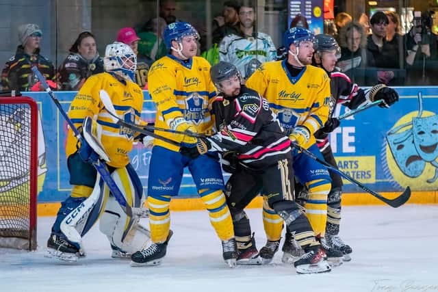 REARGUARD ACTION: Leeds Knights' Sam Dunn and Liam Peyton in action during last Saturday's stunning win at Milton Keynes. Picture courtesy of Tony Sargent.