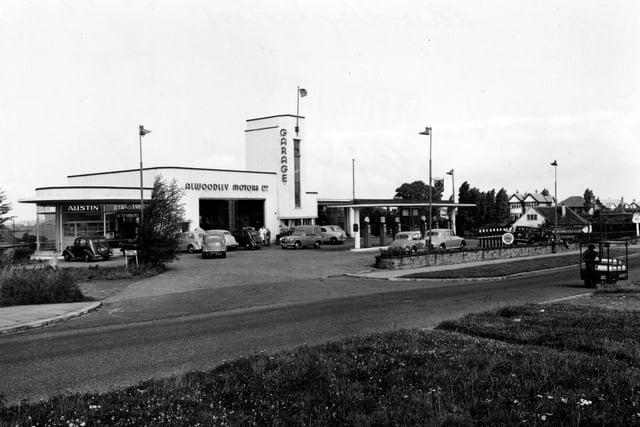 Alwoodley Motors, petrol station on Harrogate Road at junction of Primley Park View. Pictured in August 1951.