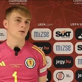 Leeds United goalkeeper Rory Mahady is interviewed after making two penalty saves at the Under-17 Euros (Pic: @ScotlandNT/Twitter)
