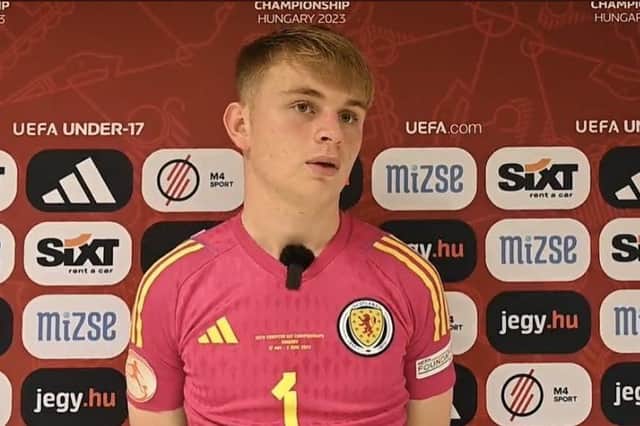 Leeds United goalkeeper Rory Mahady is interviewed after making two penalty saves at the Under-17 Euros (Pic: @ScotlandNT/Twitter)