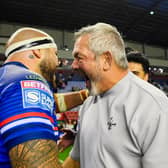 Wakefield Trinity coach Daryl Powell celebrates with Jazz Tevaga following the semi-final win at Wigan Warriors. Picture by Allan McKenzie/SWpix.com.