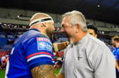 Wakefield Trinity coach Daryl Powell celebrates with Jazz Tevaga following the semi-final win at Wigan Warriors. Picture by Allan McKenzie/SWpix.com.