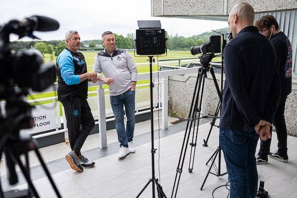 Wakefield Trinity coach Daryl Powell, left and Sheffield Eagles boss Mark Aston are interviewed ahead of the 1895 Cup final. Picture by Alex Whitehead/SWpix.com.
