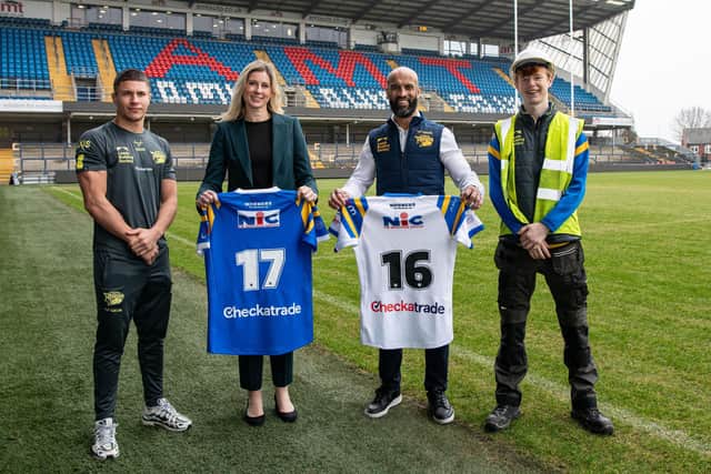Image: (L-R) Wade White, Leeds Rhinos Academy player and apprentice; Emma Grant, Head of Trade Engagement, Checkatrade; Jamie Jones-Buchanan MBE, CEO, Leeds Rhinos; Finn Beaumont, apprentice at Leeds Rhinos stadium and attends Leeds College of Building.