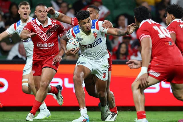 Kai Pearce-Paul on the attack for England during last week's costly loss to Tonga. Picture by Peter Keleman/SWpix.com.