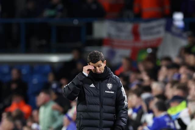LEEDS, ENGLAND - APRIL 25: Javi Gracia, Manager of Leeds United, reacts during the Premier League match between Leeds United and Leicester City at Elland Road on April 25, 2023 in Leeds, England. (Photo by Alex Livesey/Getty Images)