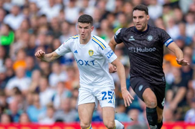 Sam Byram chased down by Matty James.
Leeds United v Bristol City.  SkyBet Championship.  Elland Road.
Picture by Bruce Rollinson
7 October 2023.