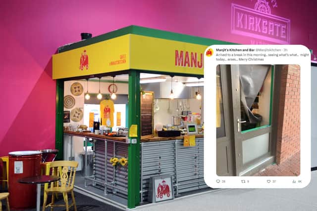 Manjit's Kitchen, inside Leeds' Kirkgate Market, and, inset, the restaurant's post about the break-in on X. (Main image: National World)