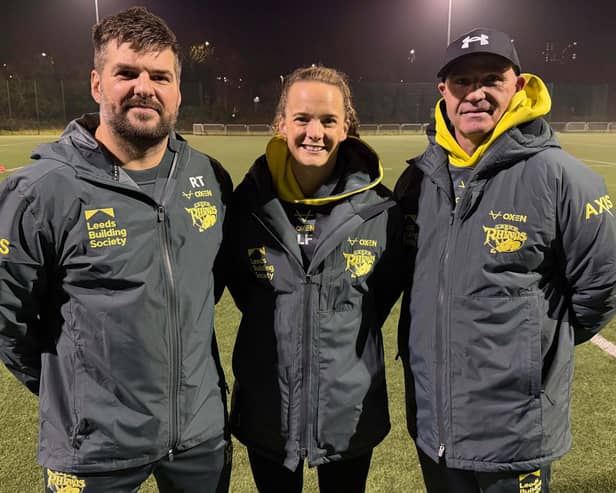 Richard Tillotson, left, with Leeds Rhinos women's coach Lois Forsell and fellow assistant Barry Eaton. Picture by Leeds Rhinos.